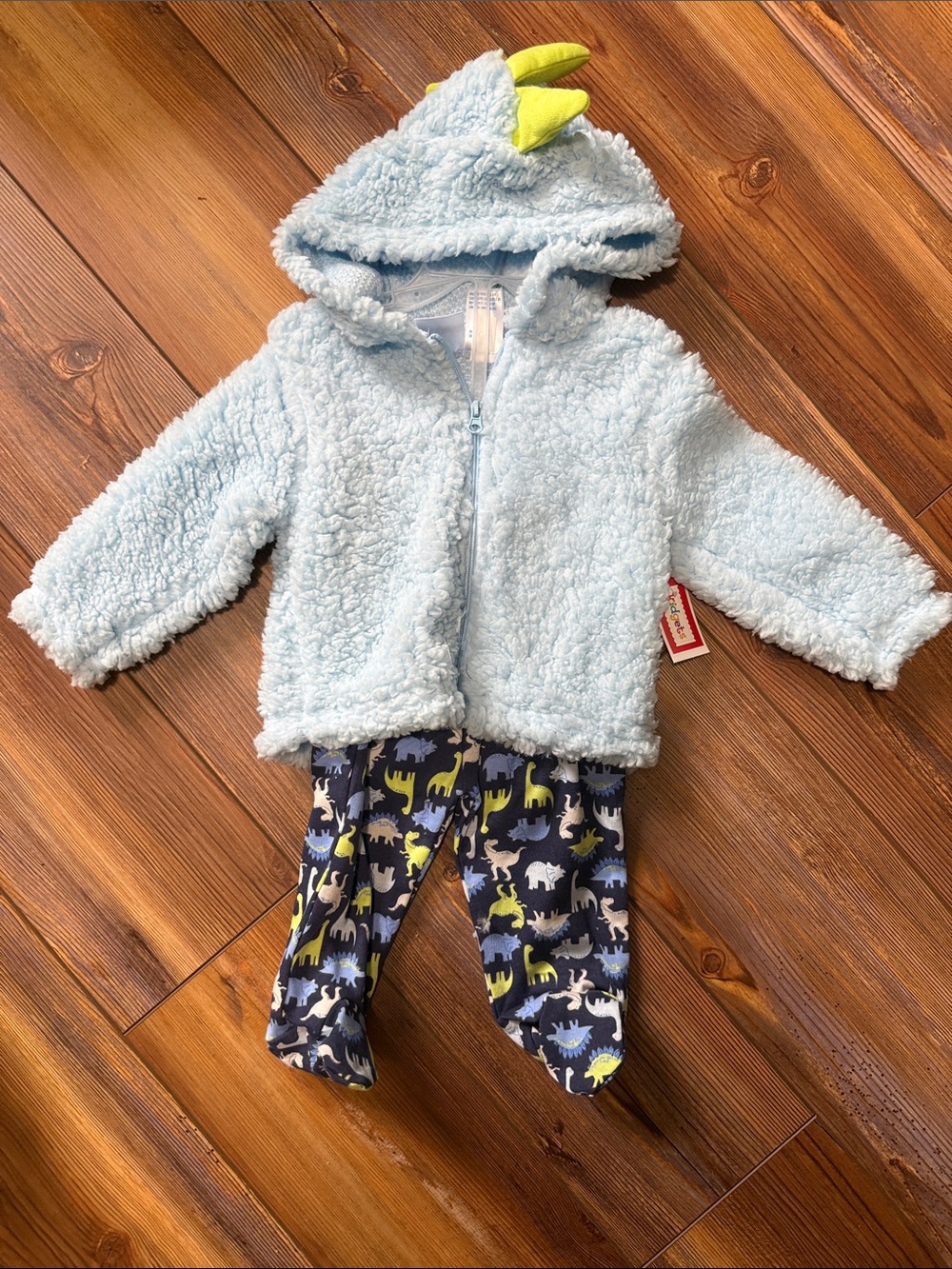 Kidgets Light Blue Fuzzy Hoodie and Navy Dinosaur Pants Set